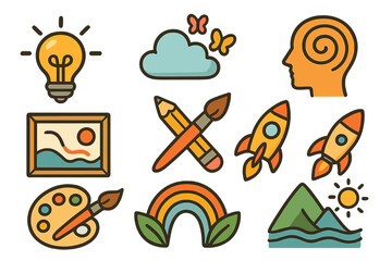 Unique Collection of Abstract and Nature-Inspired Icons Depicting Creativity, Imagination, Art, Innovation, and Design Concepts in Colorful Vector Cartoon Style with Transparent Background