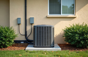 Modern residential air conditioner unit on concrete pad next to beige house wall and window. Green bushes surround exterior HVAC condenser. Home comfort, cooling technology for summer heat.