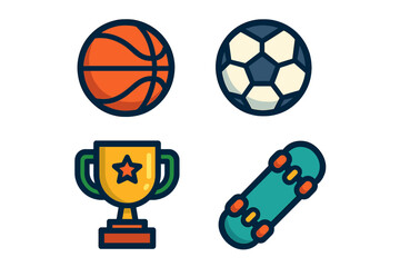 Colorful Modern Sports Icons Set Featuring Basketball, Soccer, Trophy, and Skateboard Vector Illustration With Transparent Background, Cartoon Style Graphic for Recreation and Competition