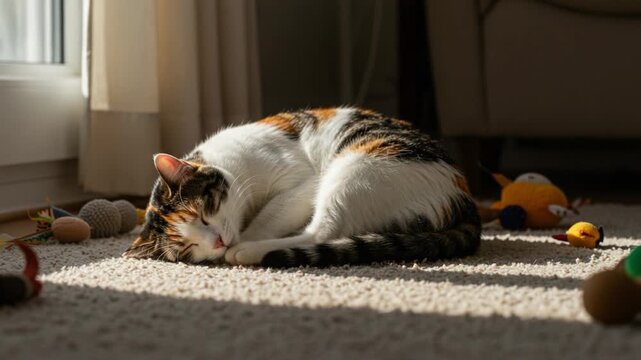 A Cozy Cat Enjoys a Peaceful Nap on a Soft Carpet Surrounded by Colorful Toys in a Sunlit Room, Epitomizing Feline Comfort and Tranquility.
