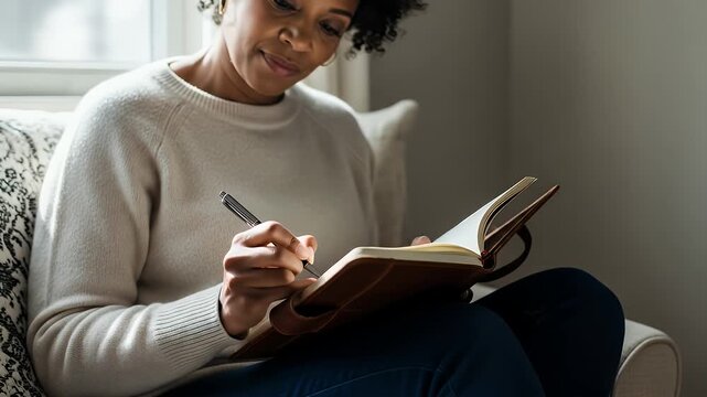 Woman in White Sweater Writing in Brown Notebook on Cream Armchair Near Window in Bright Day
