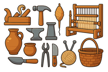 Various Traditional Artisan Tools and Crafts Collection, Cartoon Vector Illustration with Woodworking, Pottery, Weaving, Metalworking, Knitting Equipment in Modern Design Style