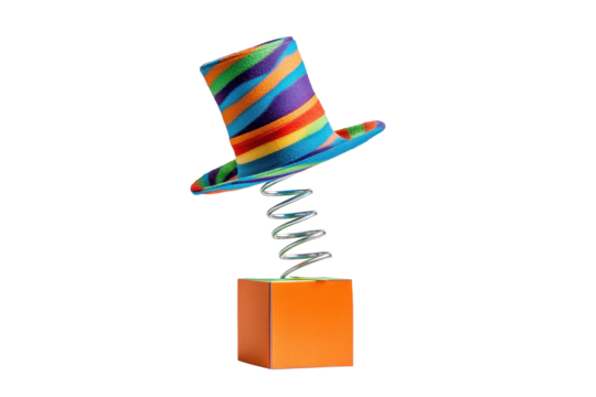 Colorful fools hat on a spring emerging from a bright orange box, showcasing playful design and whimsical style in a minimalist setting