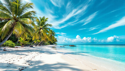 Tropical beach with palm trees and turquoise water.
