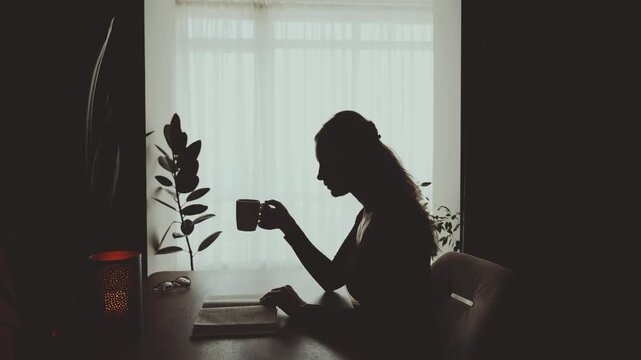 dark silhouette woman close up hands fingers flip through paper pages reading book near window dusk light home room candle. girl sitting at desk hand holding cup tea coffee hot drink, hobby rest relax