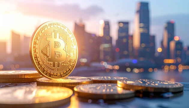 Digital Gold in the Cityscape: A symbolic bitcoin coin gleams against a blurred backdrop of a vibrant cityscape at dawn, embodying financial innovation and the future of finance.