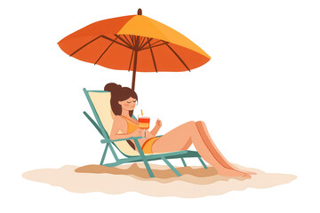 Woman enjoys relaxation on sunny beach chair with cocktail under orange umbrella during warm summer afternoon