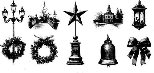 Fototapeta premium Vintage christmas city scene with lights and decorations - hand drawn collection for holiday designs