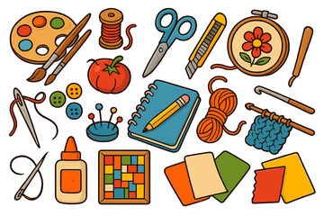 Hobby supplies and creative art tools set. Collection for DIY, sewing, knitting, painting and scrapbooking. Handmade equipment and materials. Vector cartoon illustration.