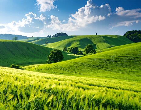 Lush green fields rolling hills