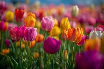 Vibrant tulips bloom in a field under soft sunlight.