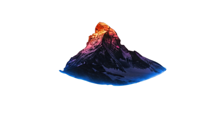 Majestic illuminated mountain peak isolated against a pure black backdrop setting an atmospheric