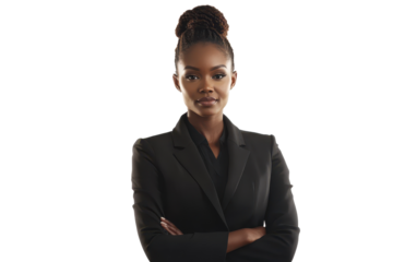 Confident African American businesswoman standing with arms crossed in a professional black suit against a neutral background showcasing self-assurance and professionalism