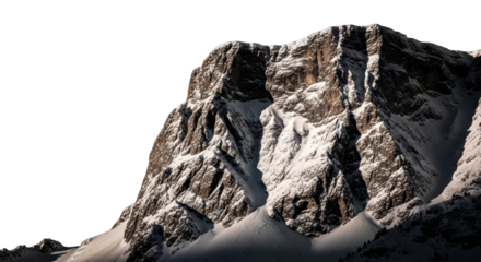 Isolated rocky mountain peak partially covered in pristine snow against black background