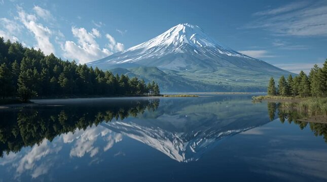 
A hyper realistic cinematic daytime scene of Mount Fuji under a clear blue sky, every snow detail on the peak crisp and sharp