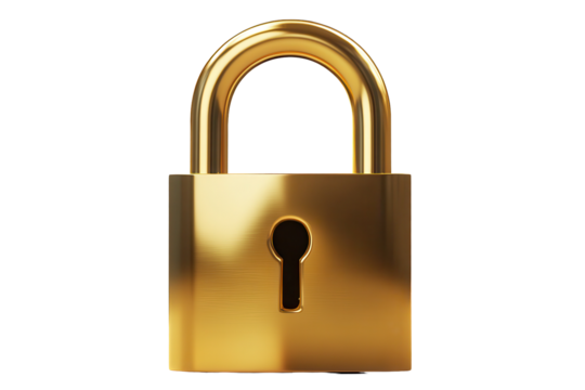 High-quality golden padlock with a shiny finish presented on a transparent white background clearly displaying its design and keyhole