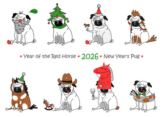 A set of funny pugs in New Year's costumes.