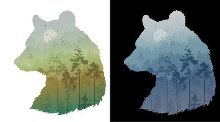 Silhouette of a bear head on a white and black background. Inside there is a forest with a flying flock of birds. Vector illustration