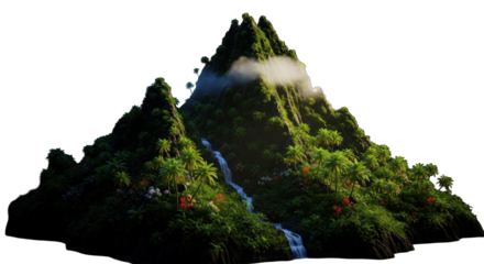 Lush tropical mountain with vibrant flora and cascading waterfall fantasy island