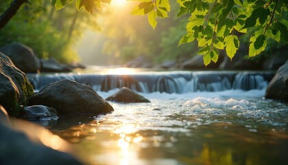 Gentle stream with smooth rocks, crystal-clear water reflecting sunlight. Fresh green leaves overhead frame misty morning scene, creating peaceful, tranquil, natural atmosphere. Invigorating water