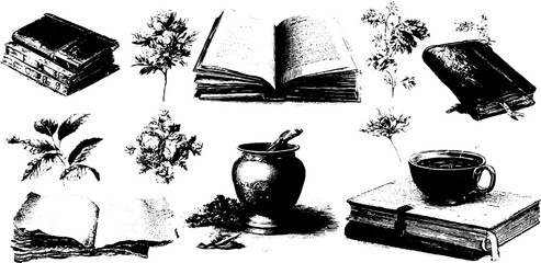 Vintage engraving design elements collection featuring notebook and botanical illustrations