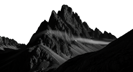 Monochromatic mountain majesty dramatic peaks shrouded in ethereal mist captivating landscape