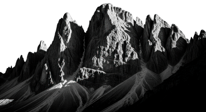 Monochromatic majestic peaks of a mountain range, illuminated by sunlight evoking stark contrast