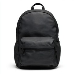 Fototapeta premium Stylish black textured backpack with a front zipper pocket isolated on white background