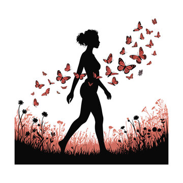 Silhouette of a Woman Walking with Butterflies Illustration in a Field of Flowers