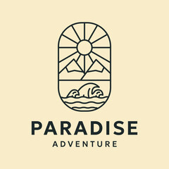 mountain sea outdoor line art logo vector minimalist illustration design, paradise adventure view logo design