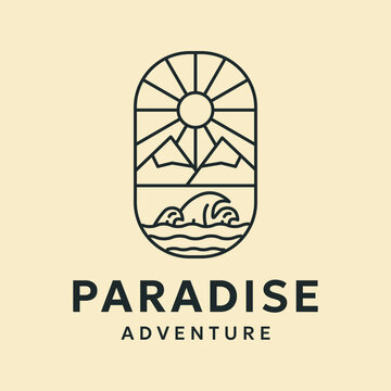 mountain sea outdoor line art logo vector minimalist illustration design, paradise adventure view logo design