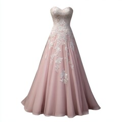 Elegant strapless blush pink ball gown with intricate lace applique and flowing skirt isolated on white background
