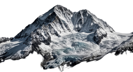 Majestic glacier covered mountain peak with snow and ice formations against a solid black background