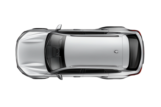Modern silver SUV from top view showcasing sleek design and clean lines, isolated against a transparent background for clear visual emphasis on features and contours
