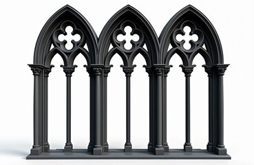 Three dark gothic style window frames featuring quatrefoil designs presented against clean white background. Frame intricate architectural details with pointed arches, decorative columns, embodying