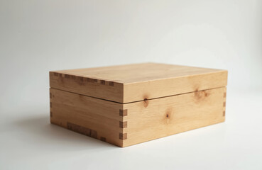 Minimalist, clean illustration of natural wood box with dovetail joints. Empty, closed container sits on white background, perfect for gifts, treasure, cargo. Vintage aesthetic suggests luxury,