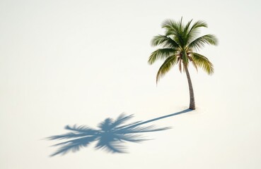 Solitary palm tree casts shadow on white sand beach. Minimalist tropical scene with calm, clear sky and bright sun. Serene, peaceful vibe perfect for vacation, holiday, or paradise imagery.