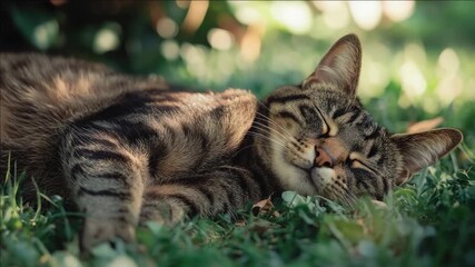 A cat napping in the grass under the sunlight, enjoying a peaceful moment outdoors.