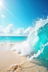 Fototapeta premium A vibrant summer scene of a refreshing ocean splash, sun-drenched beach, and turquoise waves creating a joyful, carefree atmosphere Perfect for travel, vacation, and summer themes , blue, holiday