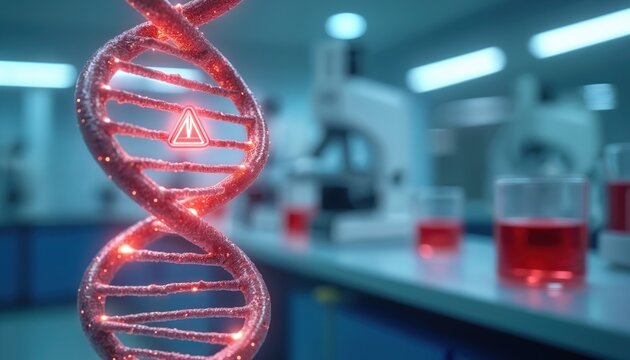 Close-up of glowing DNA double helix with red warning sign signifying cancer risk. Genetic research in medical lab setting with microscopes, test tubes. Health risk awareness, disease prevention,