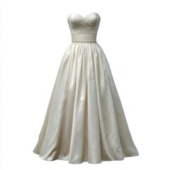 Elegant strapless ivory satin ball gown wedding dress with full skirt isolated on white background
