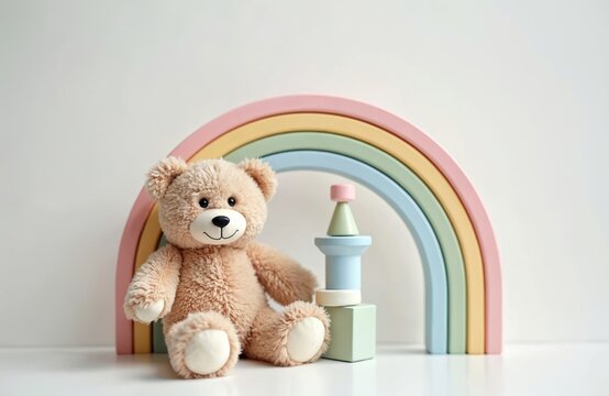 Fluffy teddy bear sits with pastel rainbow arch and wooden blocks. Soft toy promotes childhood creativity, learning, and imagination. Vivid colors create playful, fun atmosphere. Ideal gift for kids.