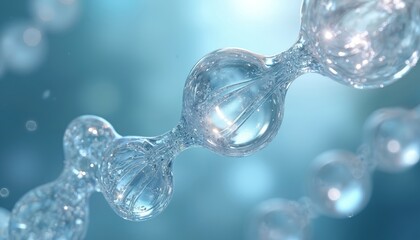 Abstract illustration of transparent peptide molecule structure. Focus on biotechnology, cosmetic science, nanotechnology, anti-aging formula research. Clean blue background with subtle lighting