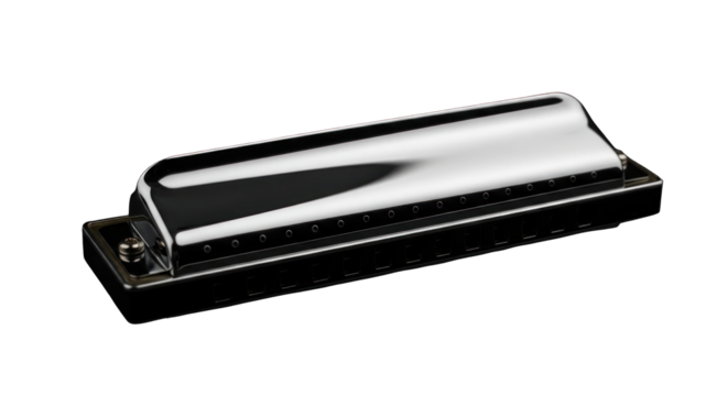 Harmonica instrument reflecting sleek design with high gloss finish in a dark ambience