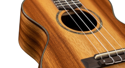 Detailed macro shot showcases the wood grain and strings of a ukulele on black backdrop