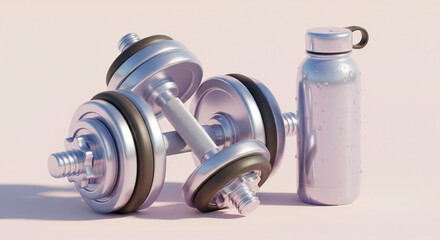 Obraz premium A detailed 3D rendering of adjustable chrome dumbbells next to a reusable water bottle, symbolizing a commitment to fitness and a healthy lifestyle