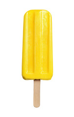 A bright yellow popsicle on a wooden stick, isolated on transparent background