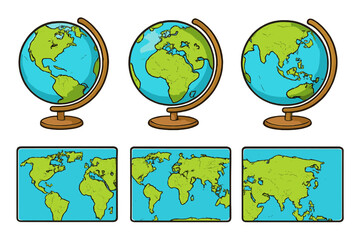 Set of world globes and maps vector illustrations. Hand drawn cartoon style. Earth planet with all continents: America, Europe, Africa, Asia. Geography and education concept.