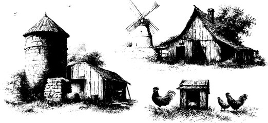 Obraz premium Vintage farm buildings collection with windmill and barns engraving for design and decor