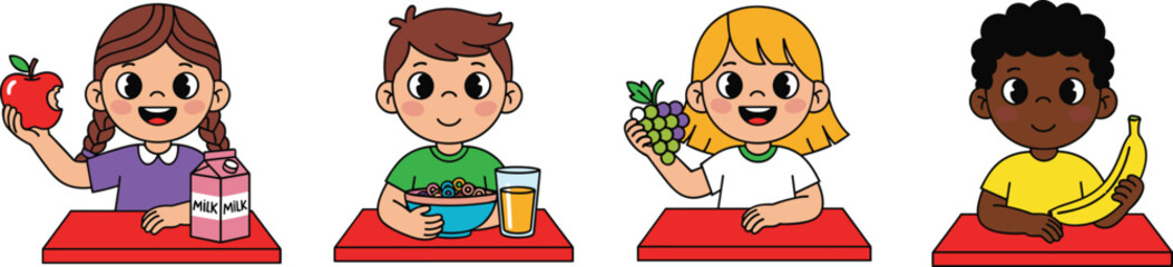 Children eating healthy breakfast, fruits and cereal on red desks, school nutrition concept, kids with milk, grapes, bananas, apple, orange juice
